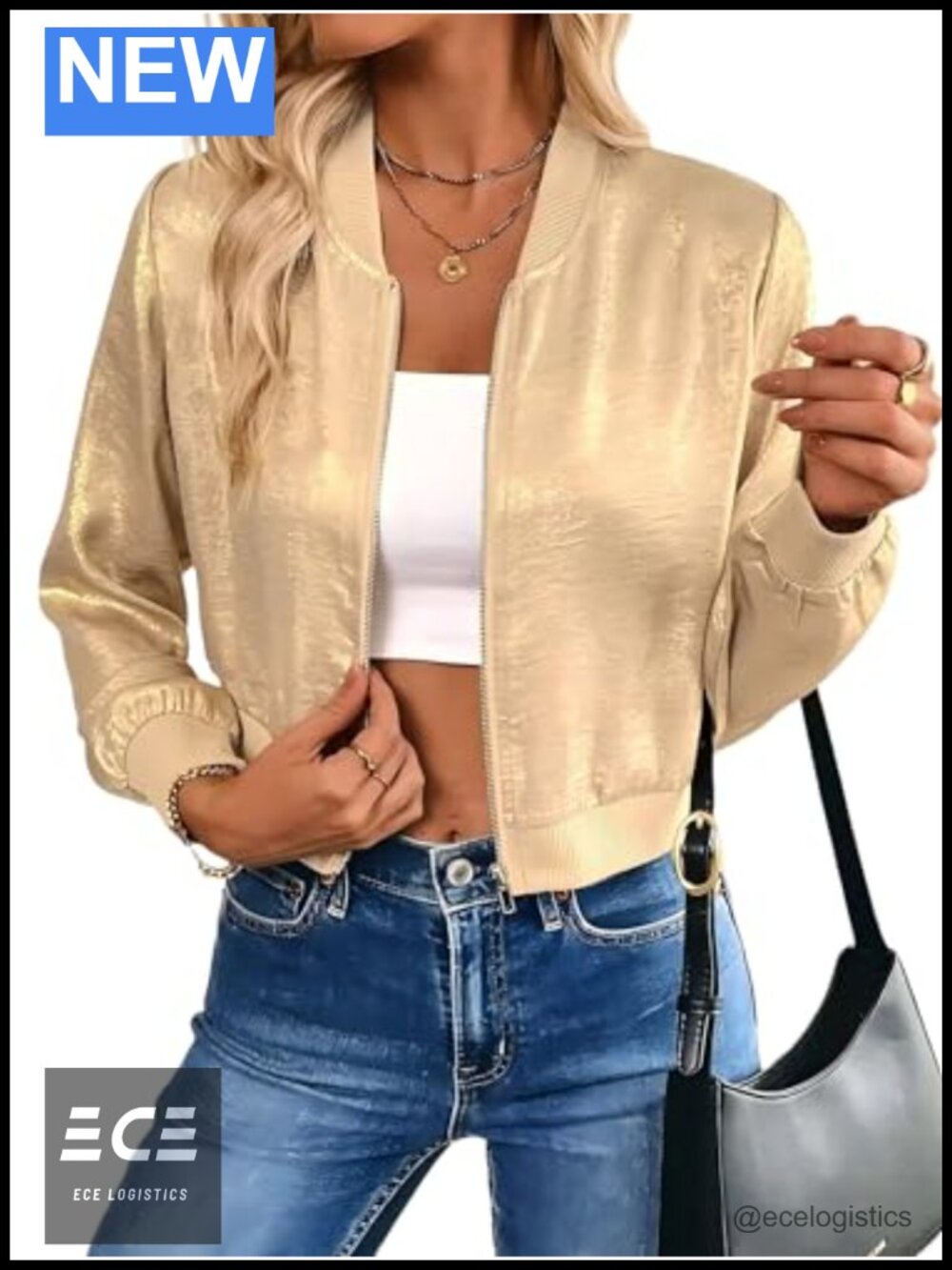 Metallic Zipper Bomber Jacket Long Sleeve Fall Party Baseball Coat
